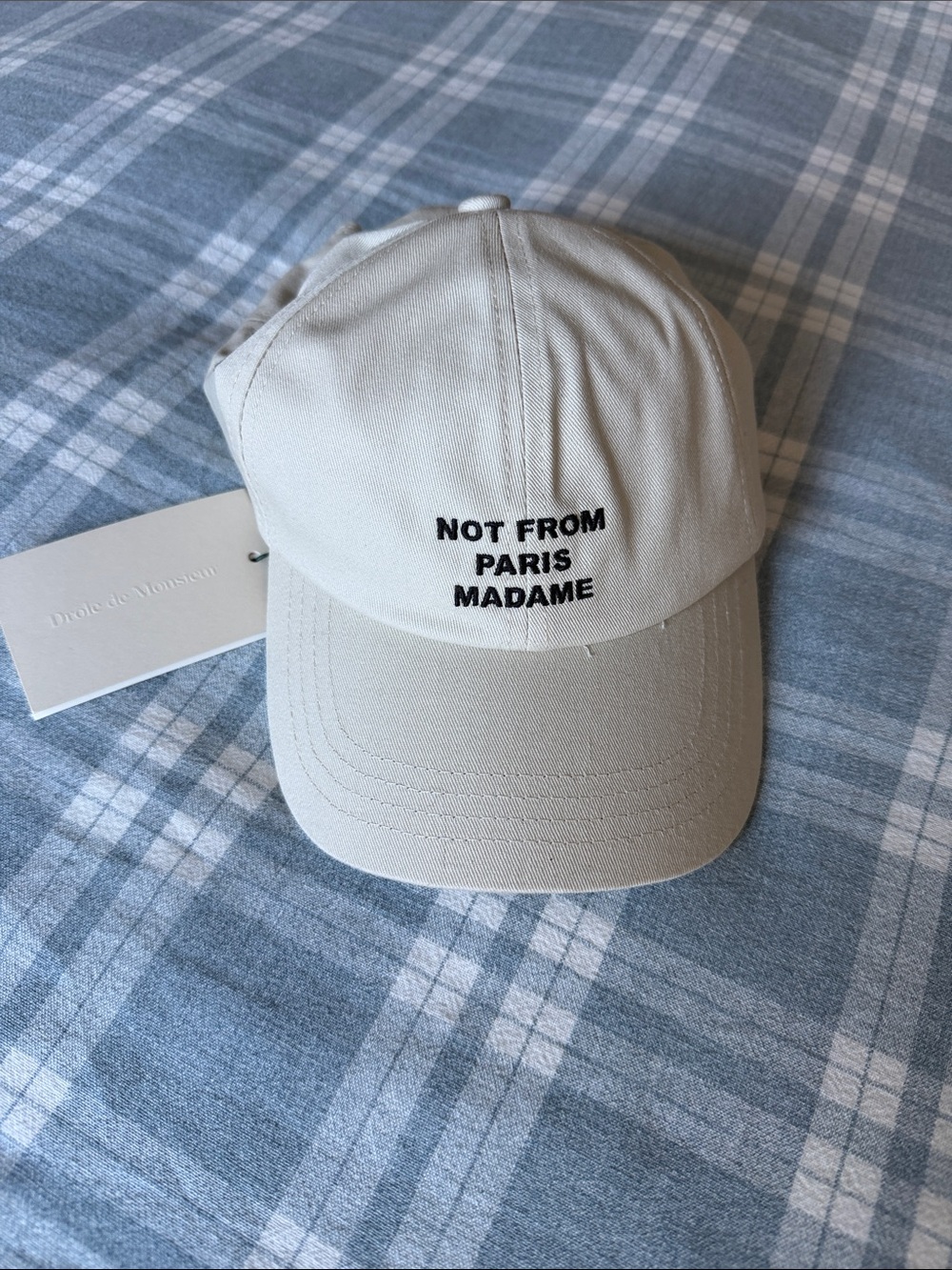 Beige Drole de Monsieur Cap with 'Not From Paris Madame' Embroidery